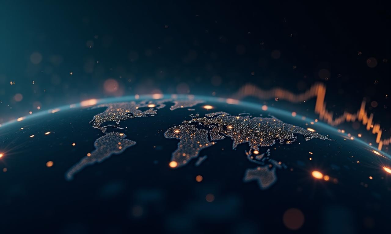 Sfondo astratto con grafici e dati che simboleggiano i mercati finanziari globali.